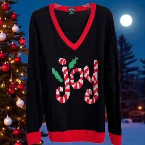 Dec 25th Size XL Christmas “Joy” V-neck 100% Acrylic Black/Red Sweater
